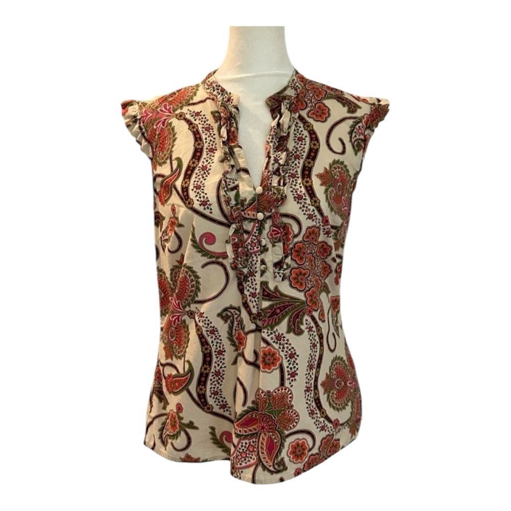 Tommy Hilfiger Women’s Feminine Coral Toned Paisley Sleeveless Ruffled Top Small